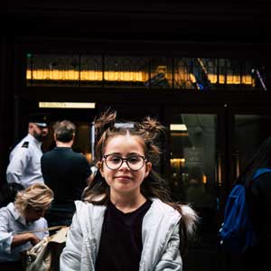 Girl Wearing Glasses Kid Posing Outside Glasses Store